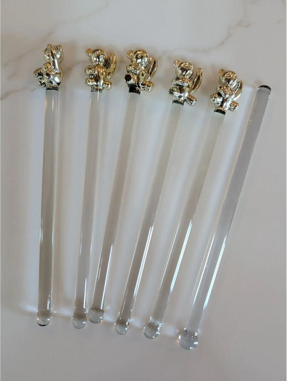 Vintage Culver Set Of 6 Gold Teddy Bear Glass Stir Sticks, Cocktail, Tea, 1980